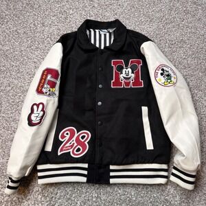 Disney Mickey Mouse Varsity Jacket Black Cream Patches Adult Medium/Large